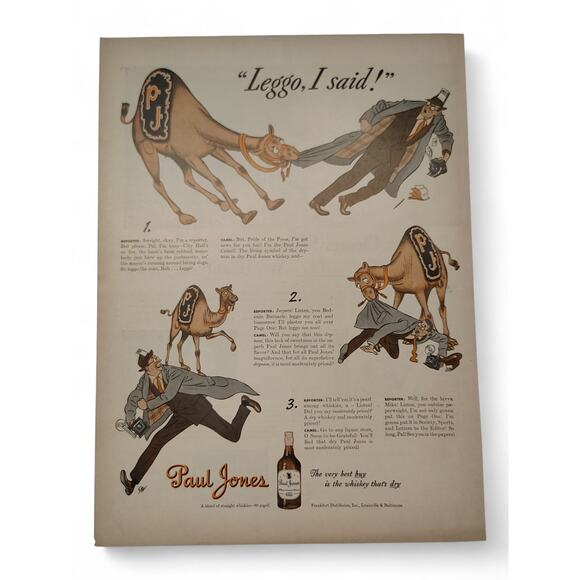 1943 Paul Jones Whiskey Print Ad Camel Comic Humor Leggo 1940s Alcohol Ephemera - Picture 1 of 6